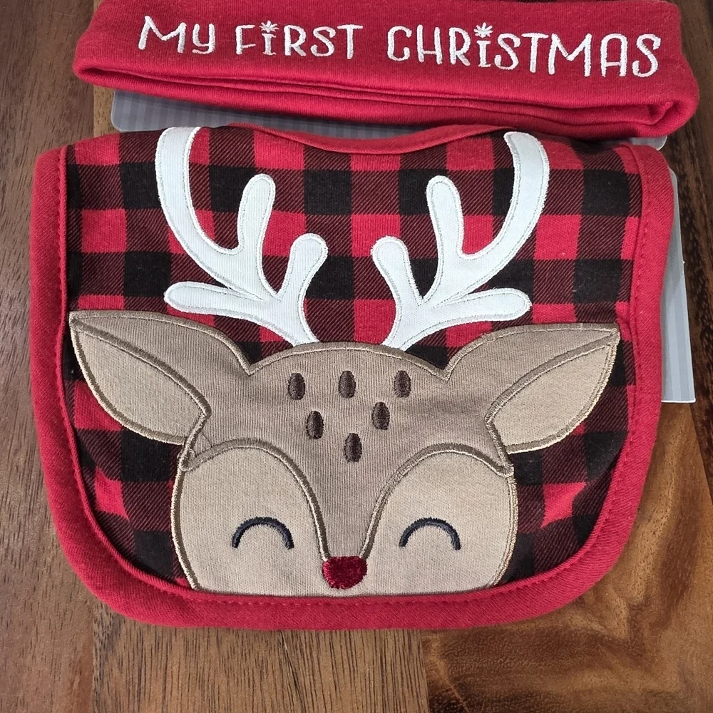 NEW Reindeer My First Christmas Bib and Hat Set Red Black Plaid